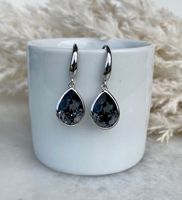 Pear Crystal Earrings - Silver Night