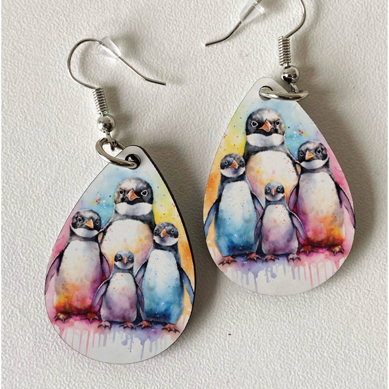 Colourful Penguins Printed MDF Earrings - Teardrop