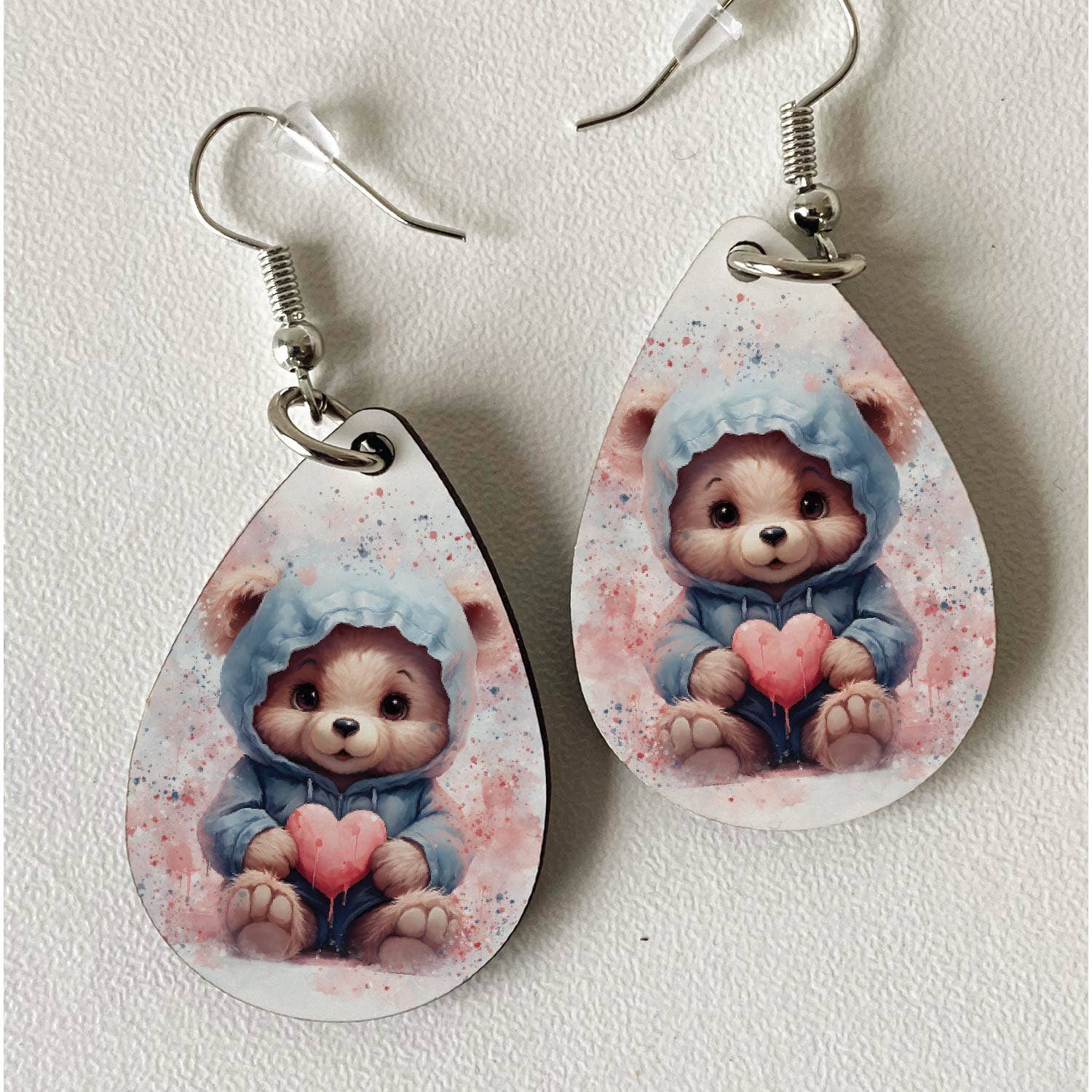 Cute Teddy with a Heart Printed MDF Earrings - Teardrop