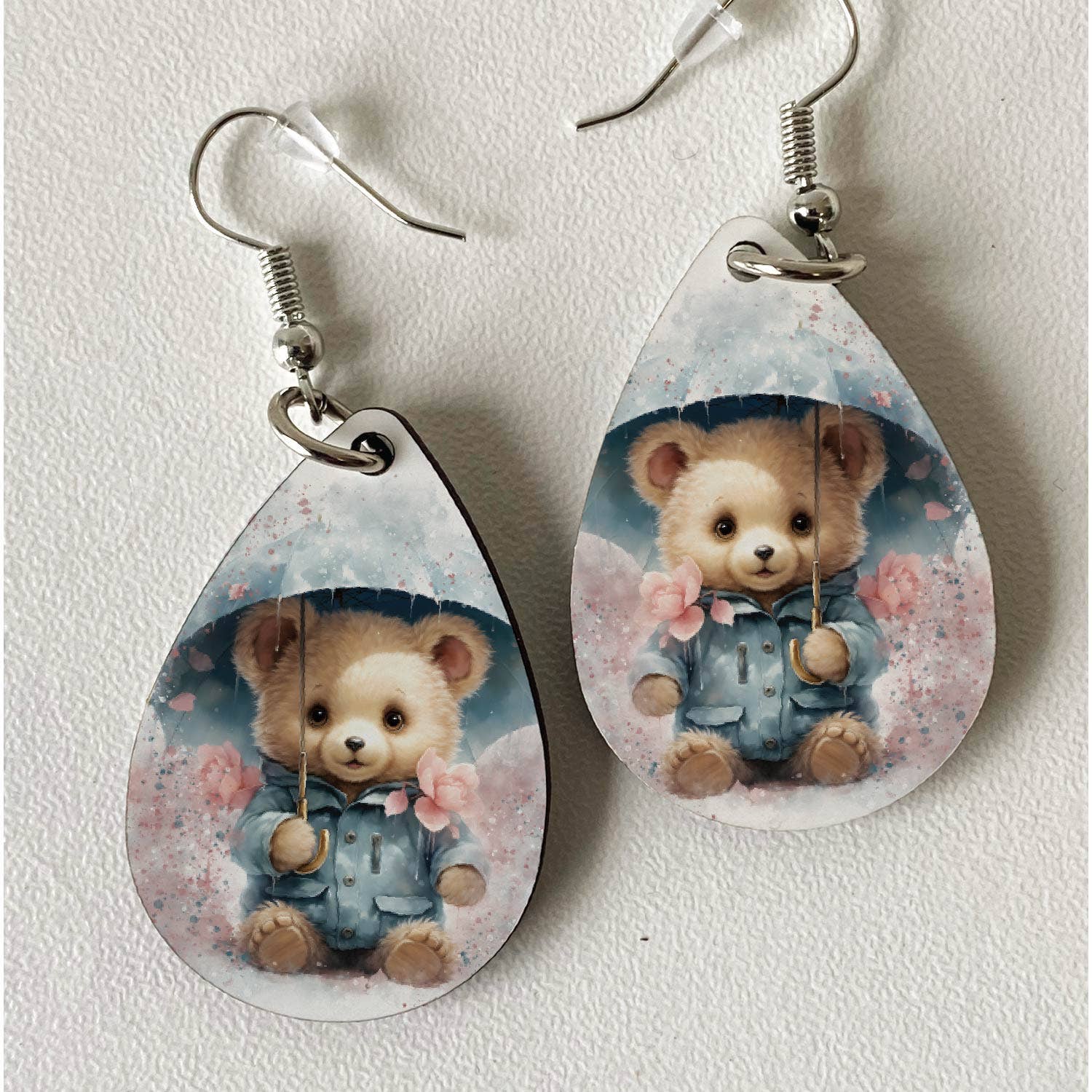 Cute Teddy in the Rain Printed MDF Earrings - Teardrop