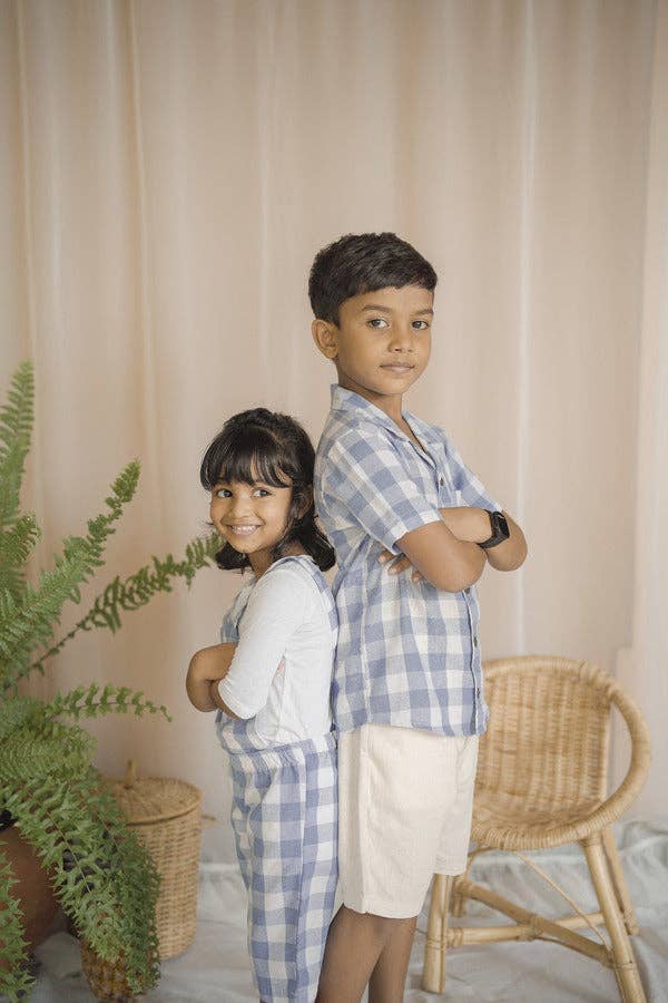 Jesse Blue Gingham Classic Style Blue Gingham Linen Shirt: Plaid / Linen / 6y