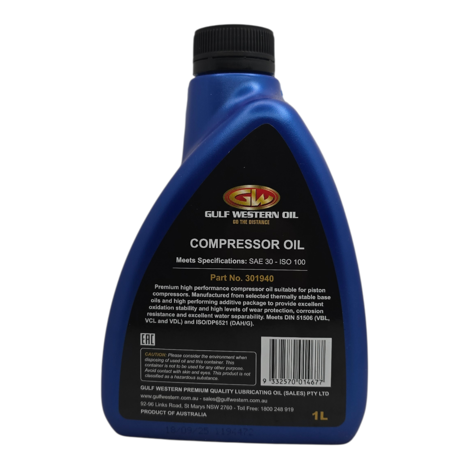 Gulf Western Compressor Oil SAE30 ISO100  1L AUSTRALIAN MADE