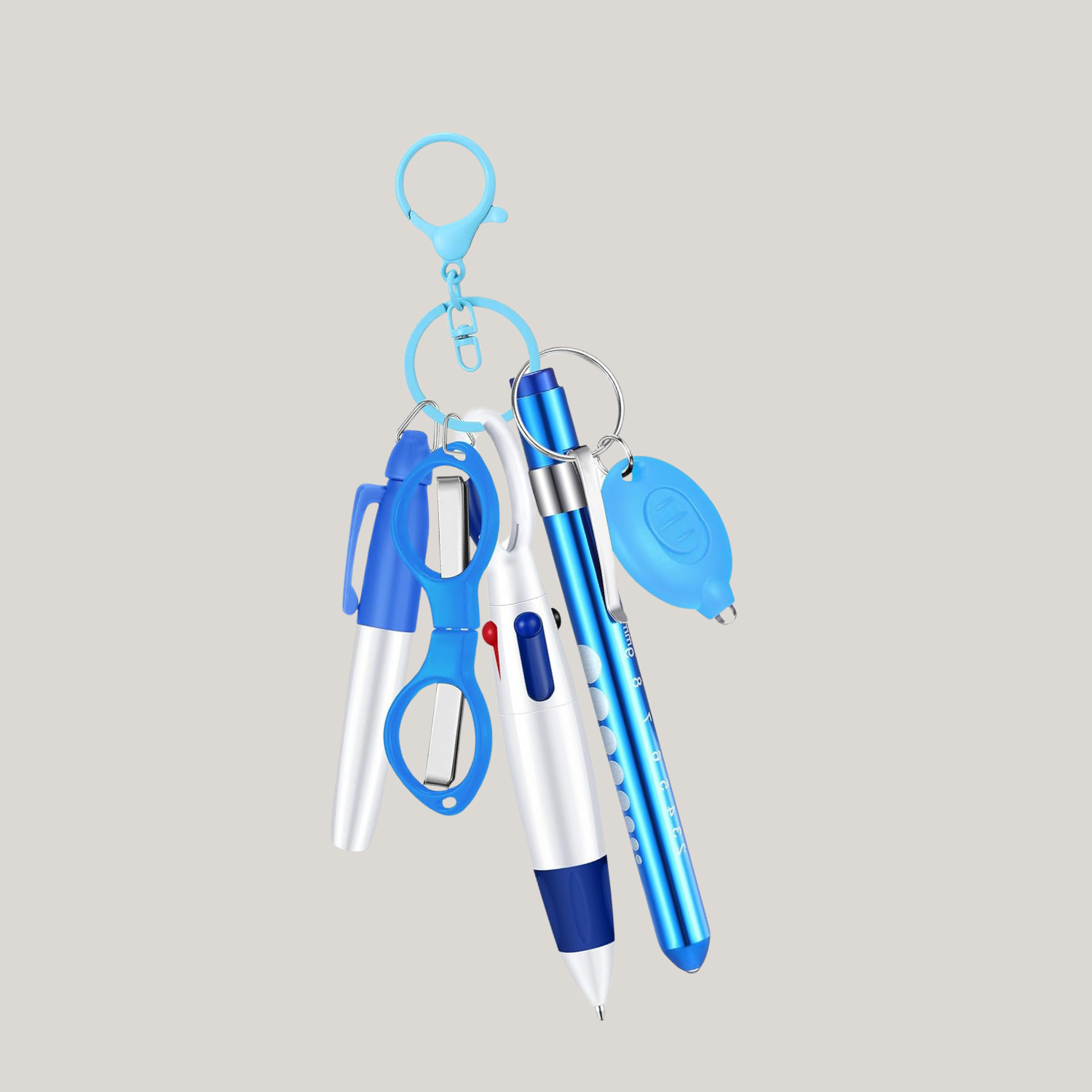 Professional 6 Piece stainless steel set with penlight, folding Scissors, multi-color pen,  retractable badge reel For doctors nurses, students, hospital, office ( comes in blue, green, pink, puple and black)