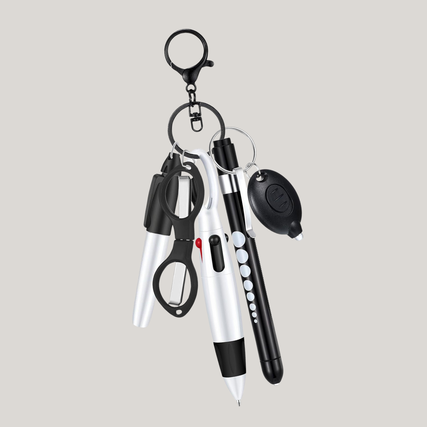 Professional 6 Piece stainless steel set with penlight, folding Scissors, multi-color pen,  retractable badge reel For doctors nurses, students, hospital, office ( comes in blue, green, pink, puple and black)