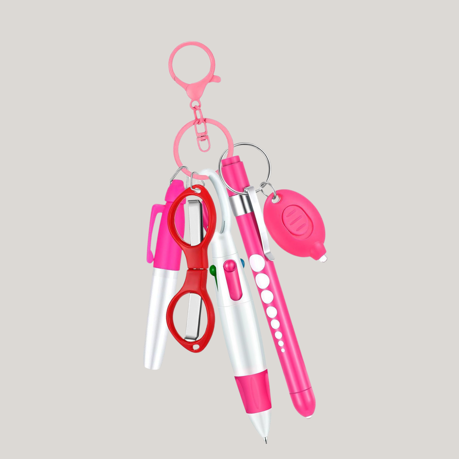 Professional 6 Piece stainless steel set with penlight, folding Scissors, multi-color pen,  retractable badge reel For doctors nurses, students, hospital, office ( comes in blue, green, pink, puple and black)