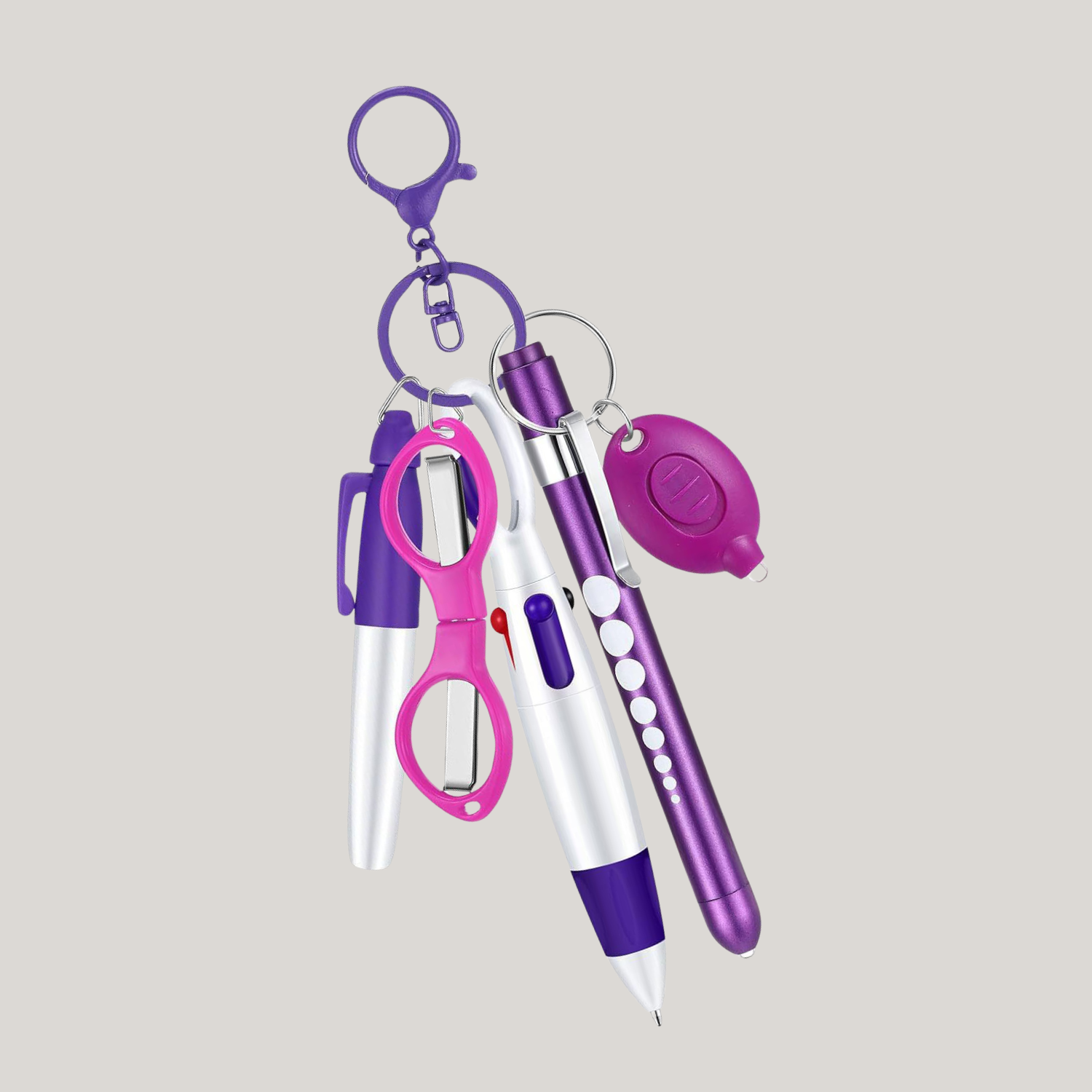 Professional 6 Piece stainless steel set with penlight, folding Scissors, multi-color pen,  retractable badge reel For doctors nurses, students, hospital, office ( comes in blue, green, pink, puple and black)