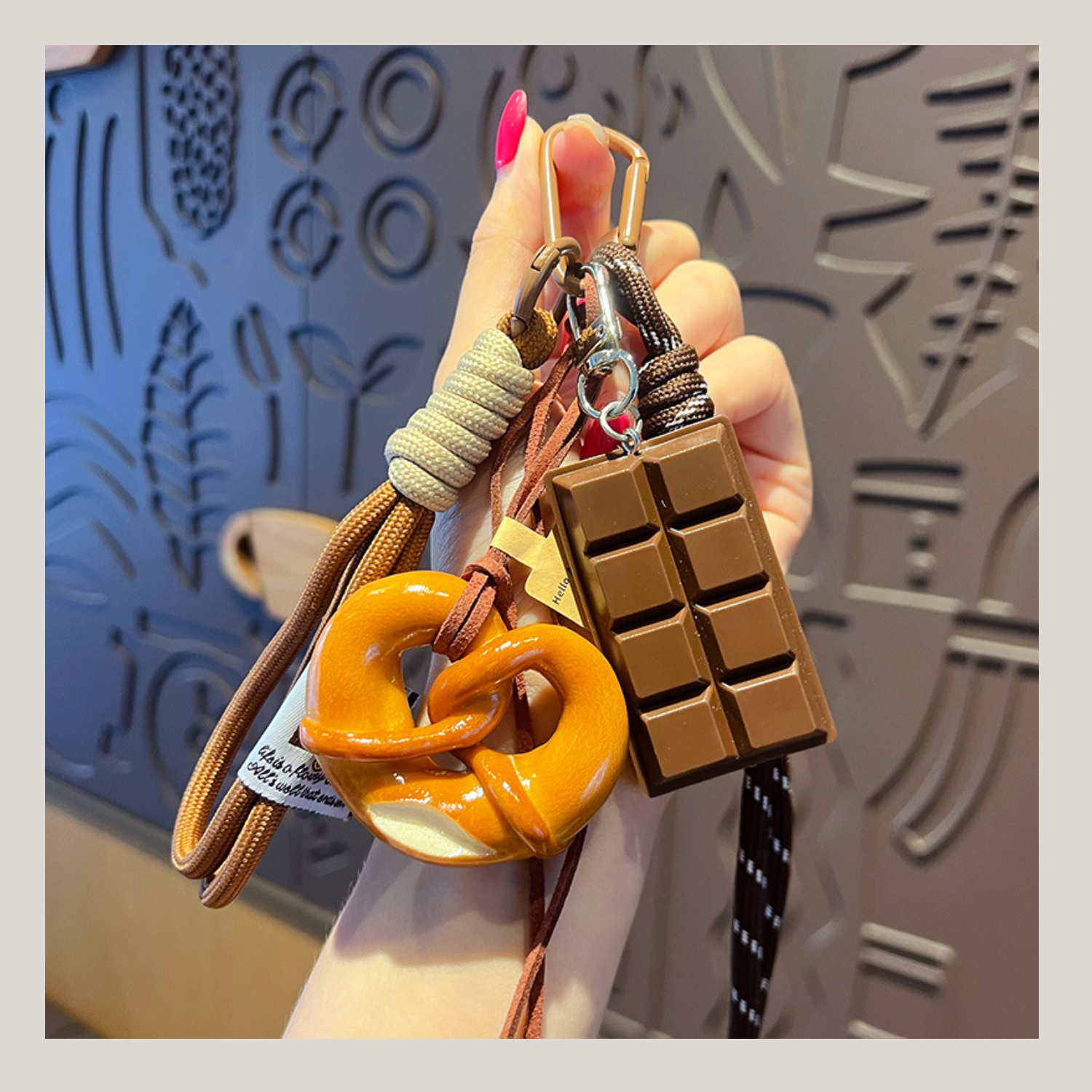 Cute Food Keychain – Chocolate, Croissant & Pretzel Bag Charms