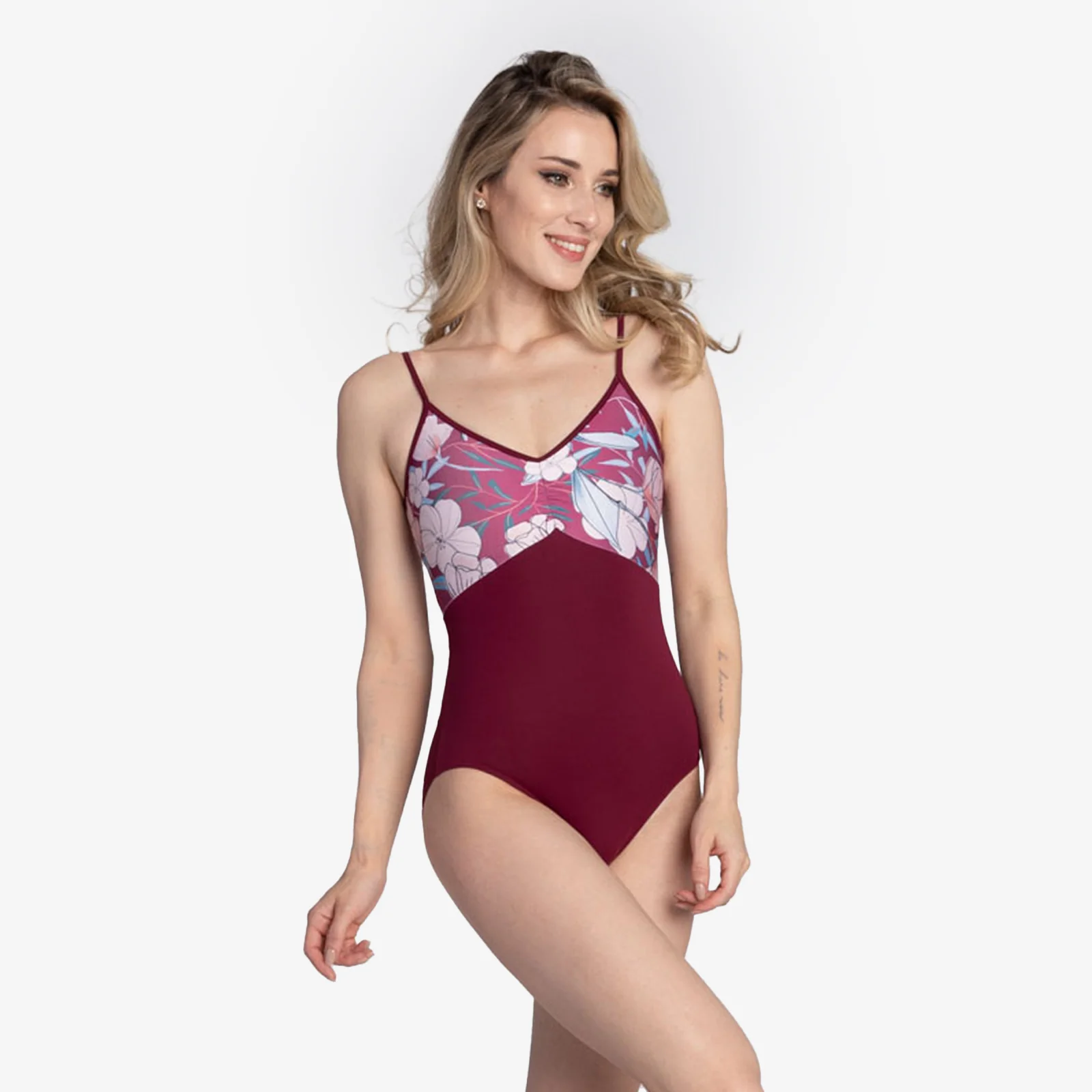 Adult Camisole Leotard with Floral Mesh Print and Pinched Front (Arielle)