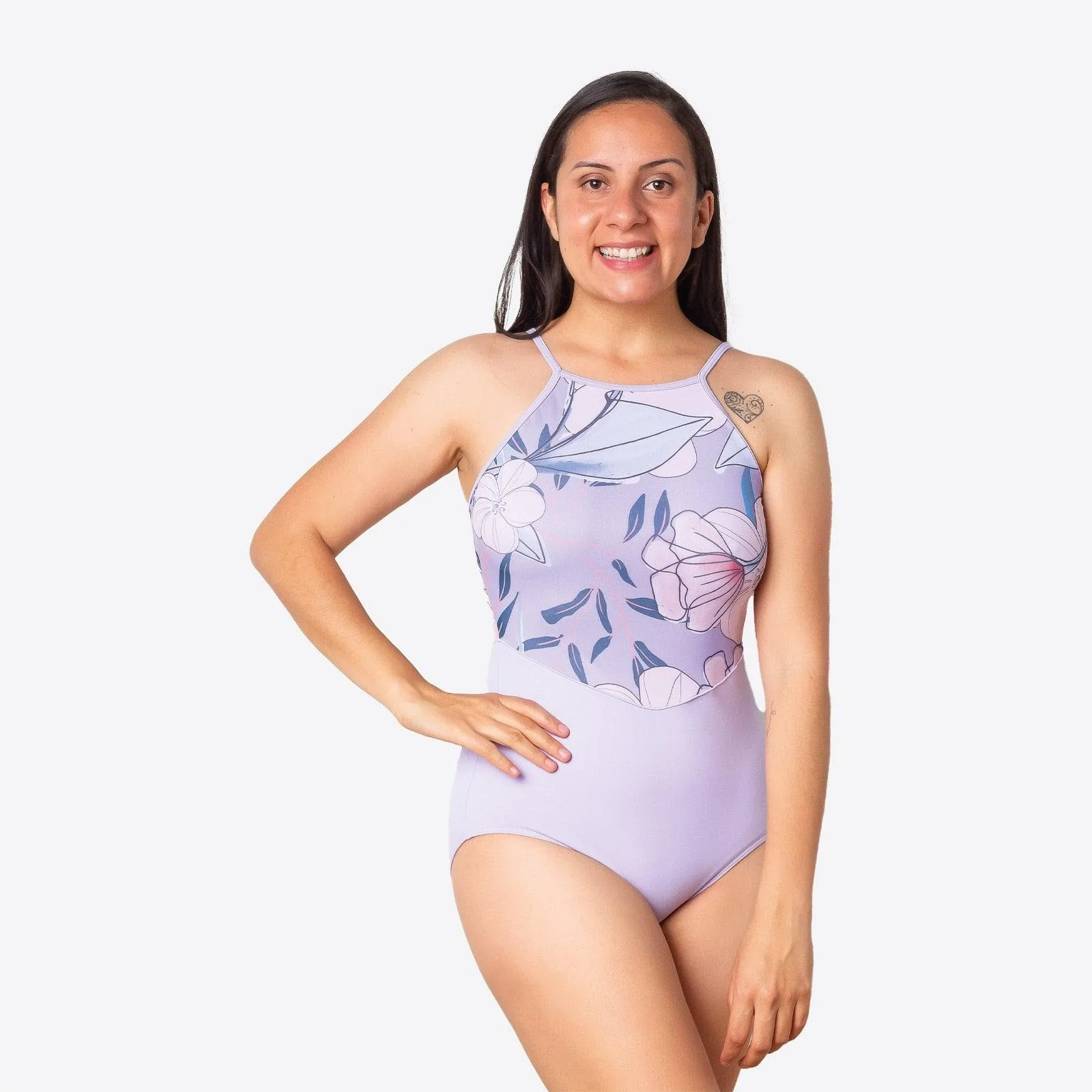Adult High Neck Leotard with Floral Mesh - Elena