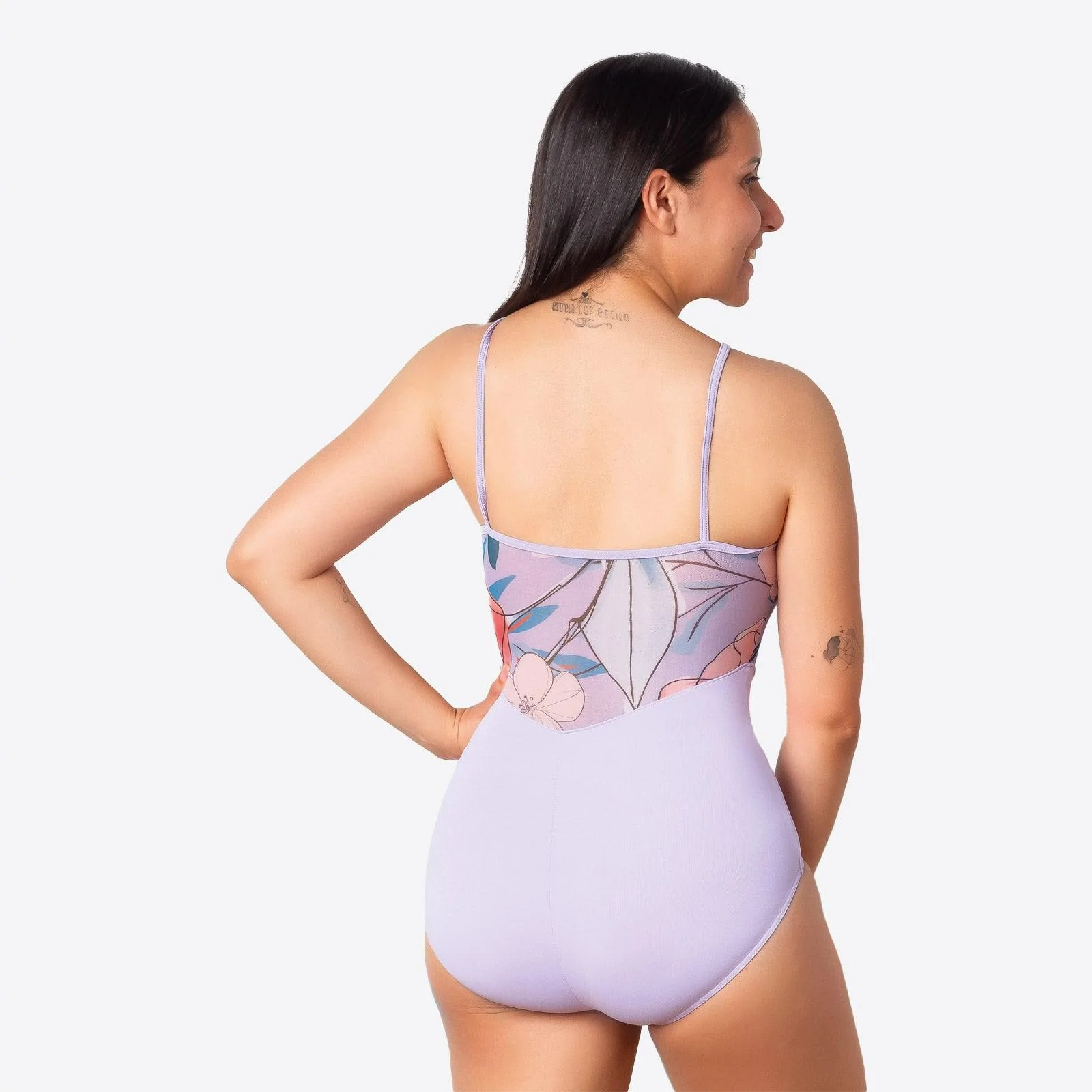 Adult High Neck Leotard with Floral Mesh - Elena