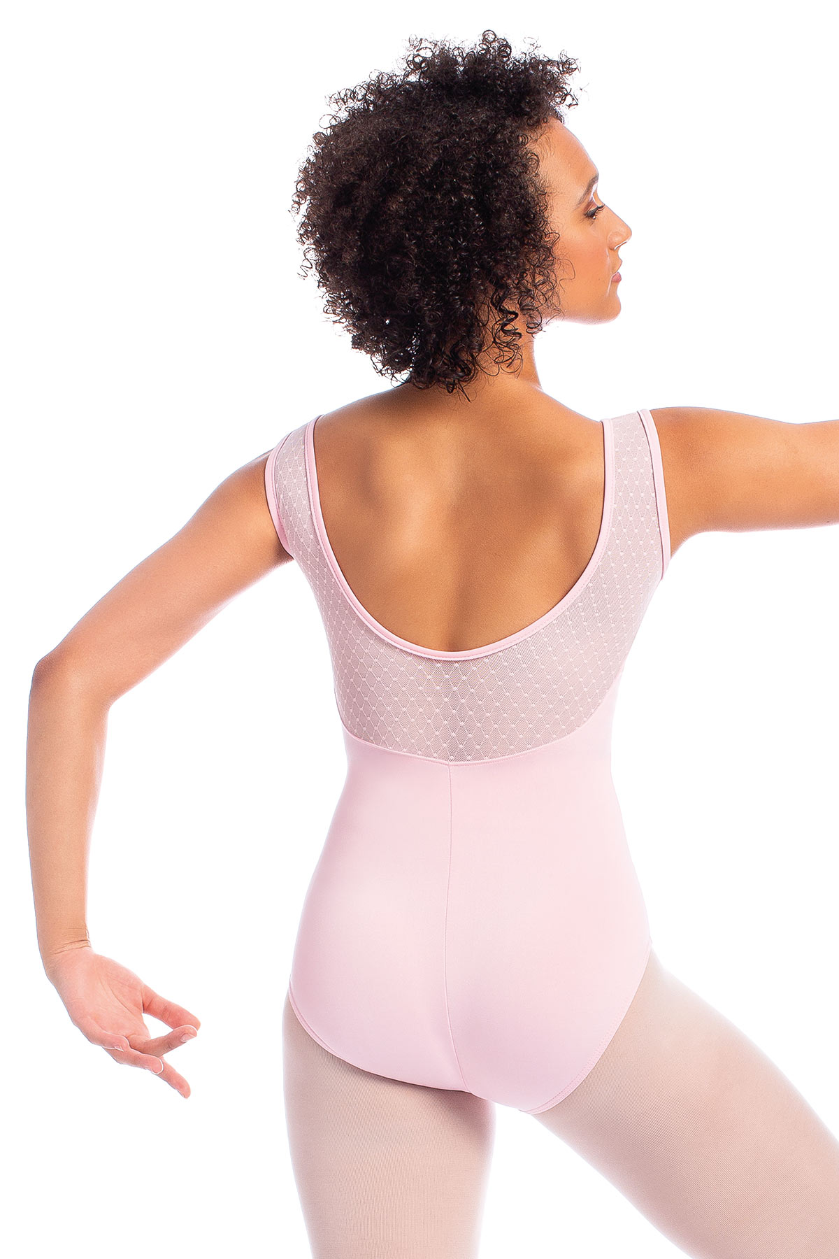 Adult Tank Leotard with Diamond Mesh Overlay - White
