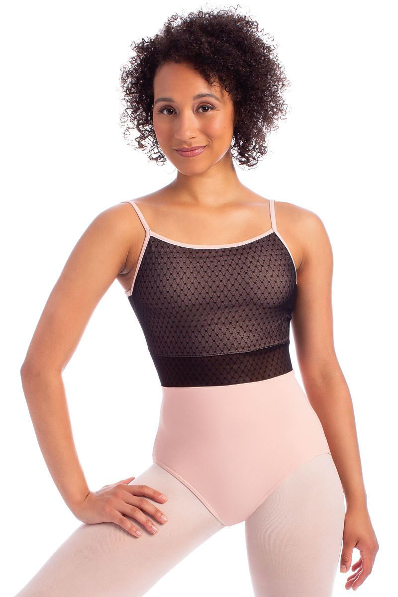 Adult Camisole Leotard with Mesh Overlay on Upper Bodice